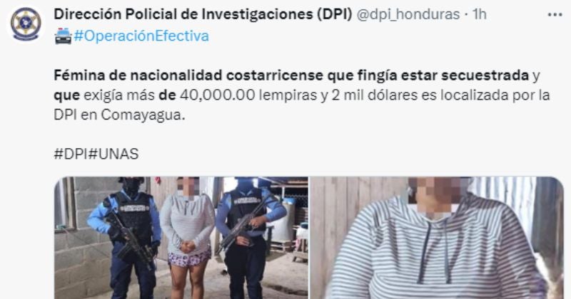 Más de L. 89 mil exigía mujer costarricense que fingía su secuestro
