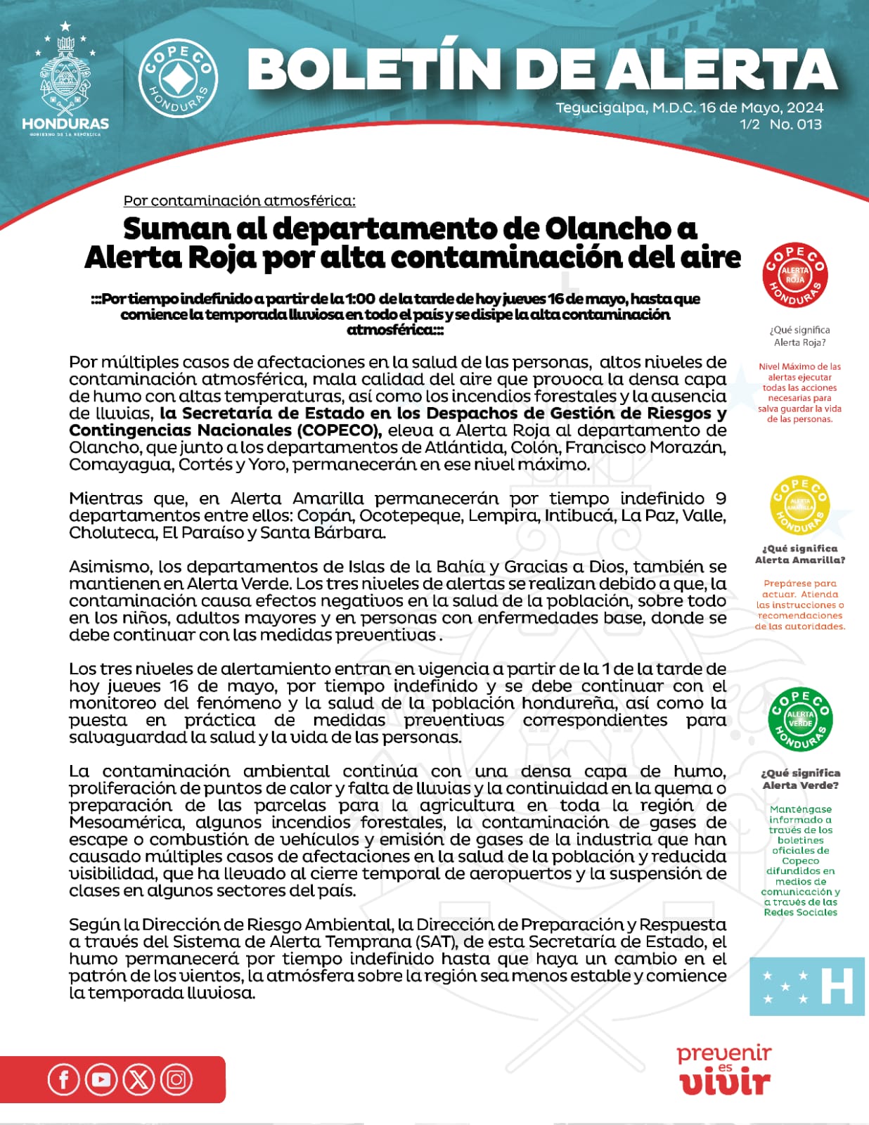 Elevan a Olancho en alerta roja por contaminación.