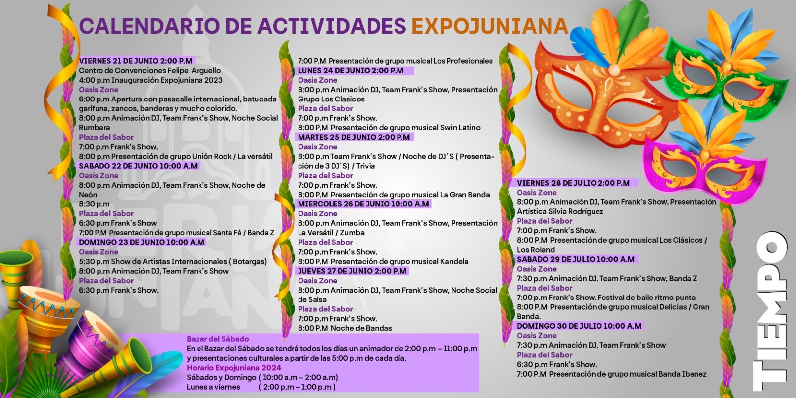 La ExpoJuniana estará abierto en el horario: sábado y domingo desde las 10:00 am y de lunes a jueves desde las 2:00 pm.