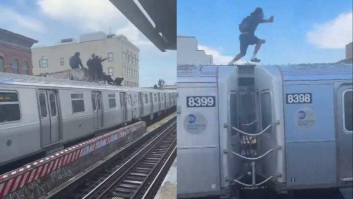 Jóvenes surfean sobre trenes