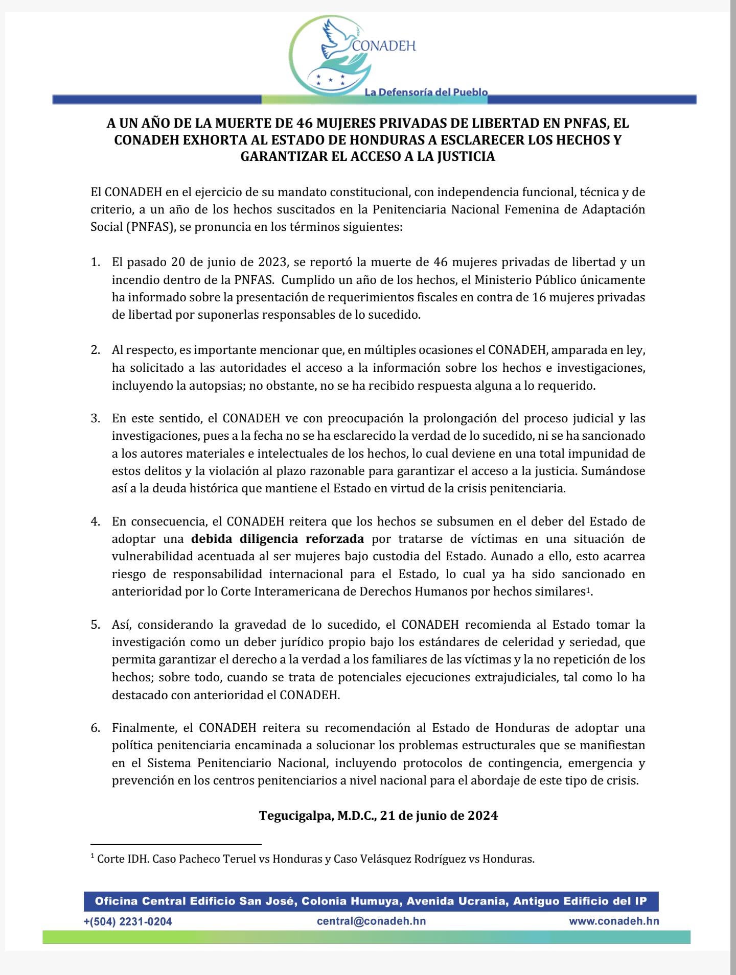 Comunicado del Conadeh