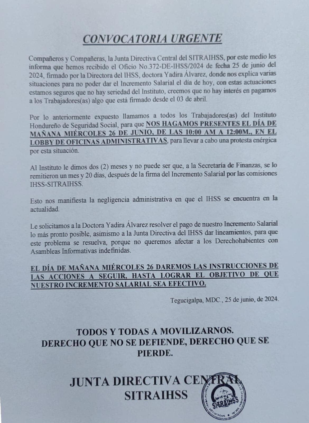 En protesta, empleados del IHSS exigen reajuste salarial