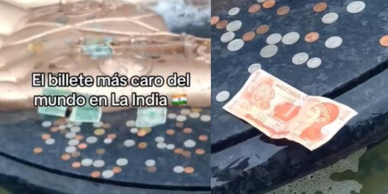 Hondureña causa revuelo al lazar un billete de un lempira en una fuente de India