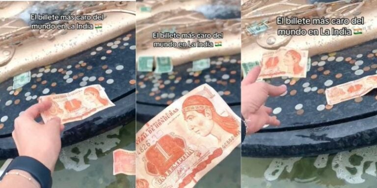 Hondureña causa revuelo al lazar un billete de un lempira en una fuente de India