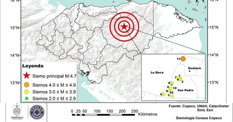 COPECO registra sismo de 4.7 en Gualaco, Olancho