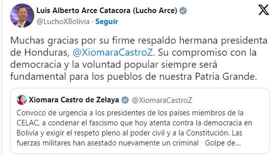 Luis Arce agradece su respaldo a la presidenta Xiomara Castro