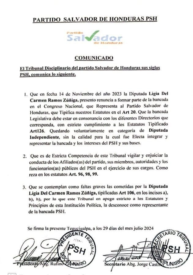 Tribunal del PSH desconoce a Ligia Ramos como representante de bancada
