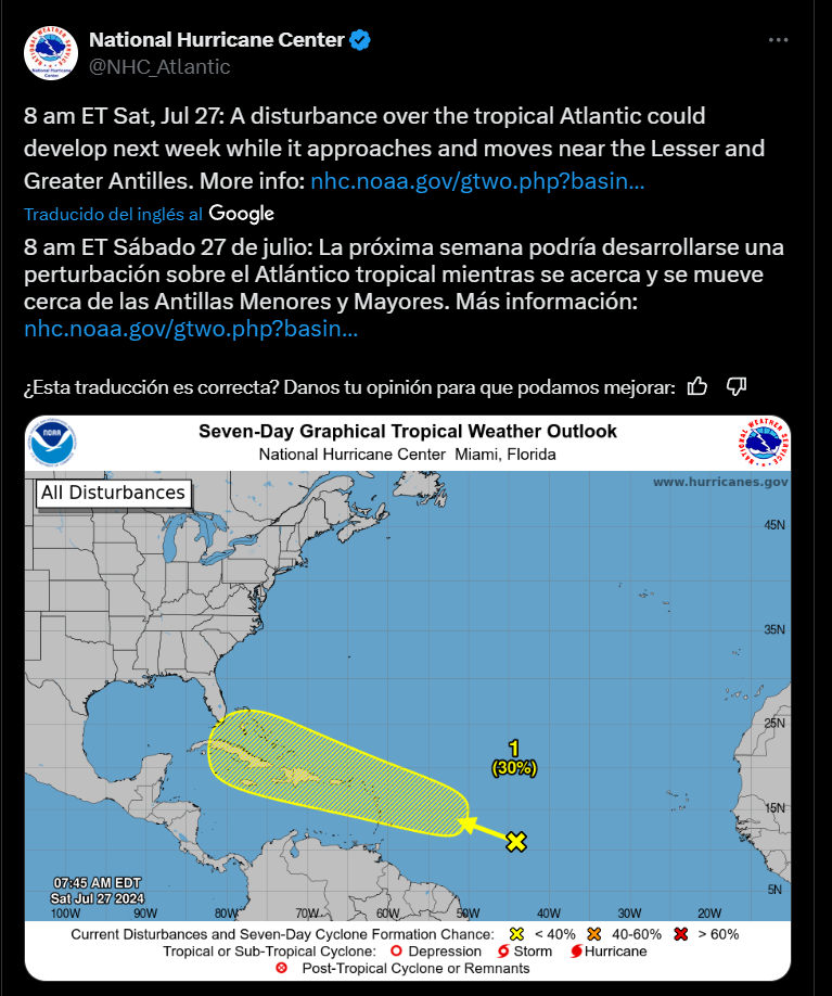 -NHC advierte sobre posible formación de fenómeno tropical en el Atlántico