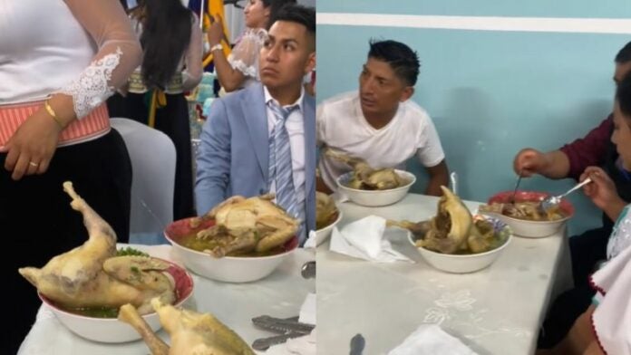 Pareja sirve una gallina entera en la sopa servida en su boda