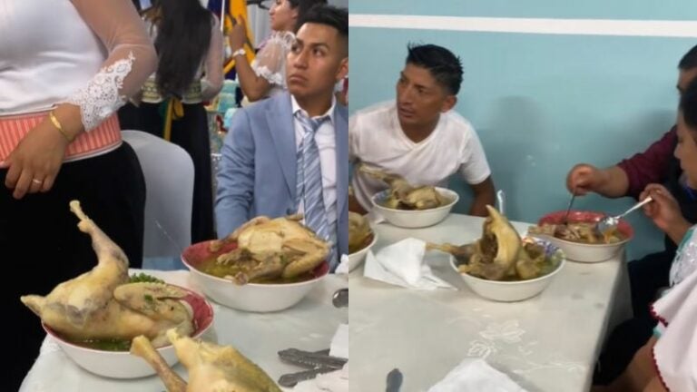 Pareja sirve una gallina entera en la sopa servida en su boda