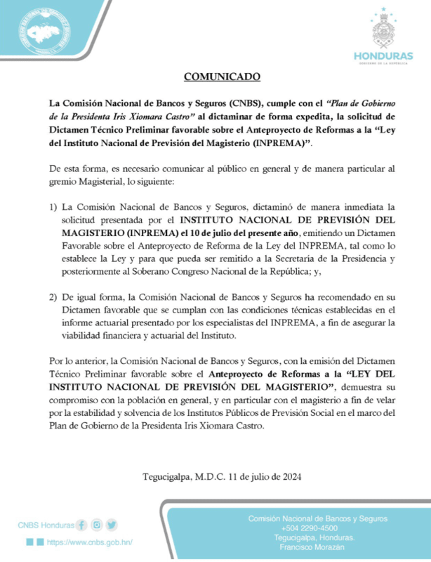 CNBS dictamen Ley de Inprema