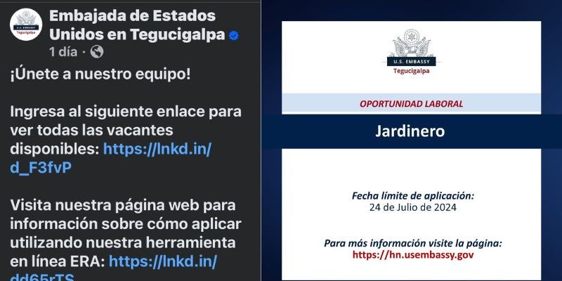 Anuncian nuevas vacantes para hondureños en la Embajada de EEUU