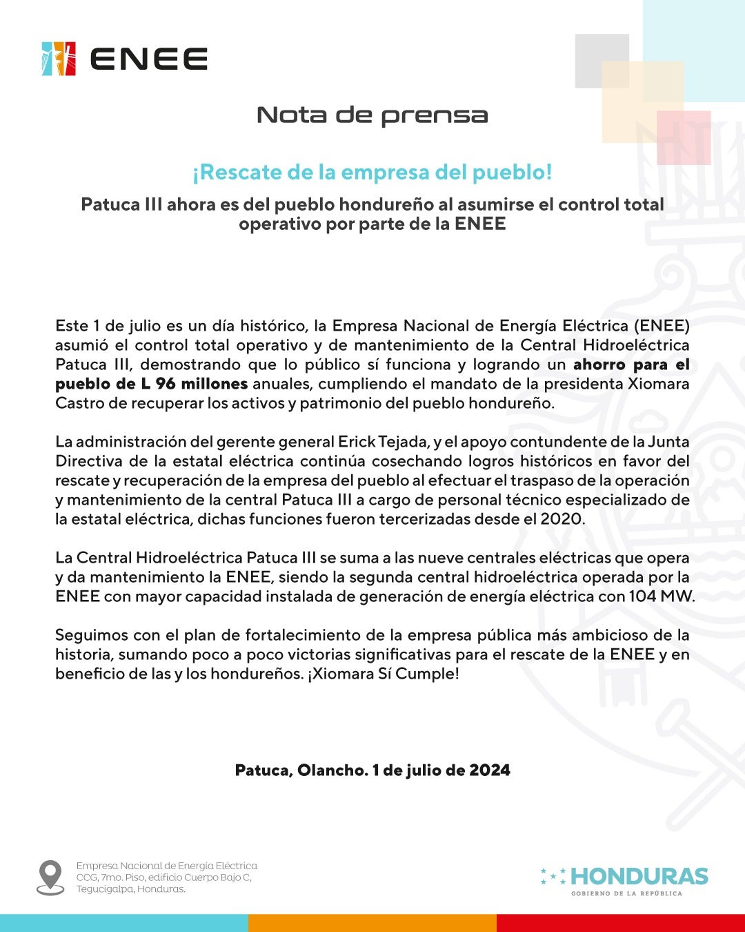 ENEE asume el control operativo de la hidroeléctrica Patuca III