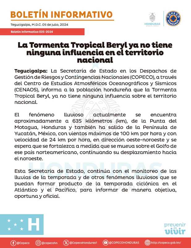 Tormenta tropical Beryl deja de tener influencia en el territorio hondureño