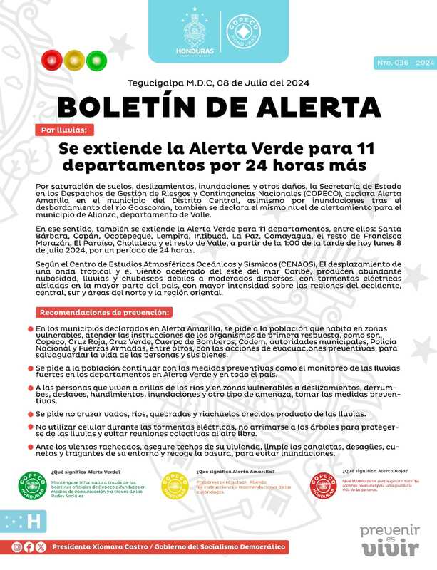 Declaran Alerta Amarilla en el Distrito Central y Alianza por inundaciones