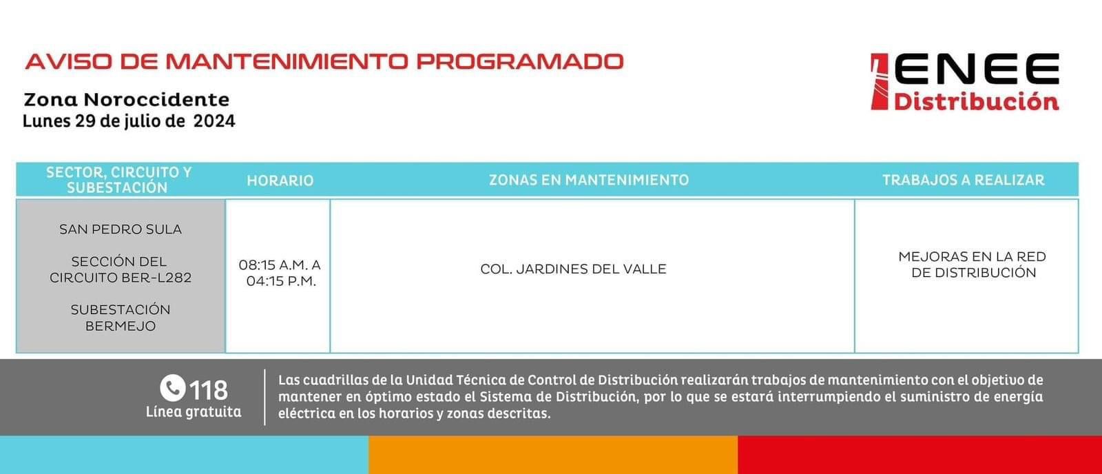 Calendario de cortes anunciado para San Pedro Sula. Jardines del Valle tendrá apagones mañana lunes 29 de julio de 2024. 