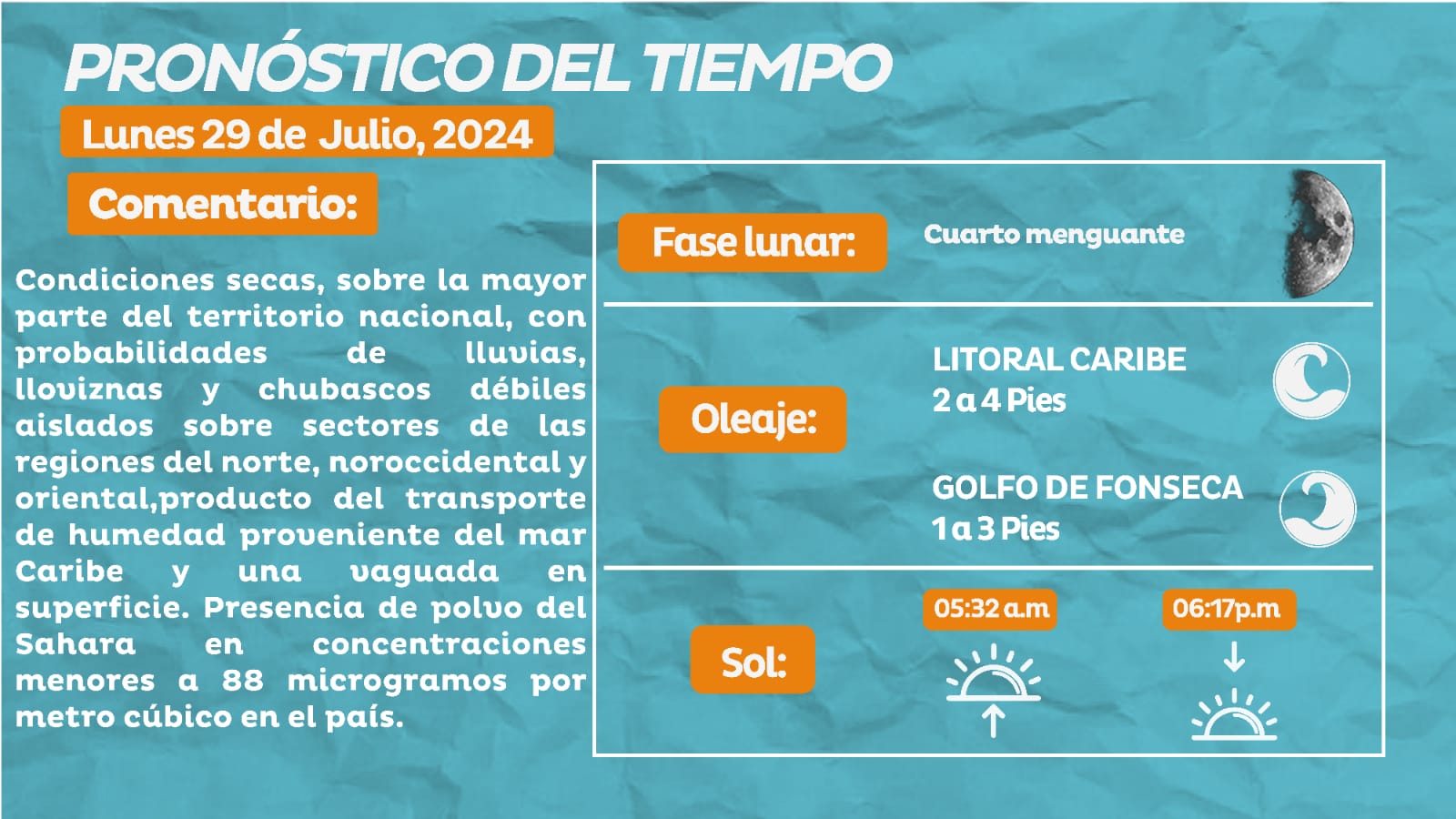 Pronostican condiciones secas en mayor parte del país con leve probabilidad de lluvias