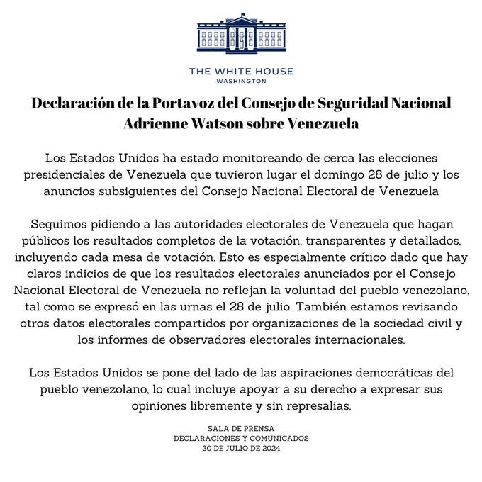 USA insta a Venezuela a publicar los resultados de votación completos
