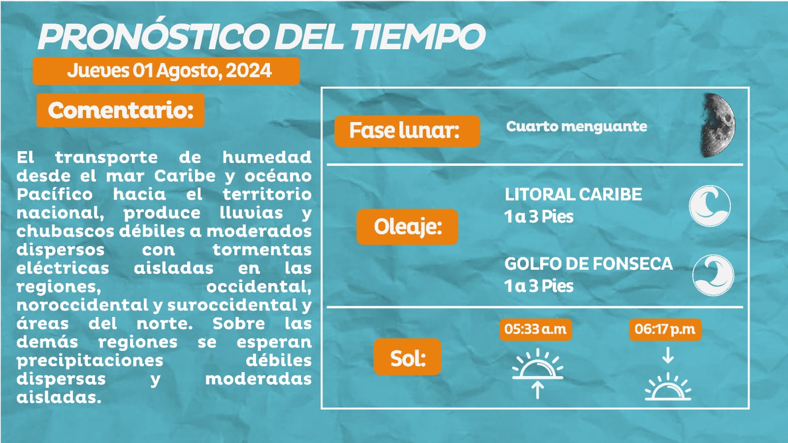 Transporte de humedad dejará lluvias y chubascos en el país