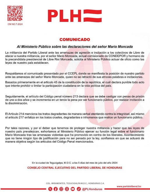 Juventud liberal denunciará a Mario Moncada ante el MP