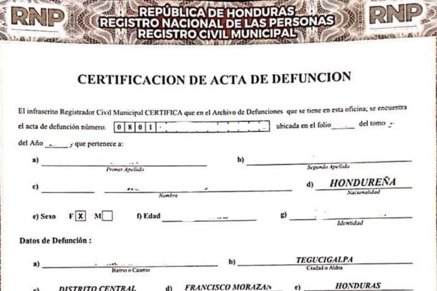 Acta o certificado de defunción hondureño 