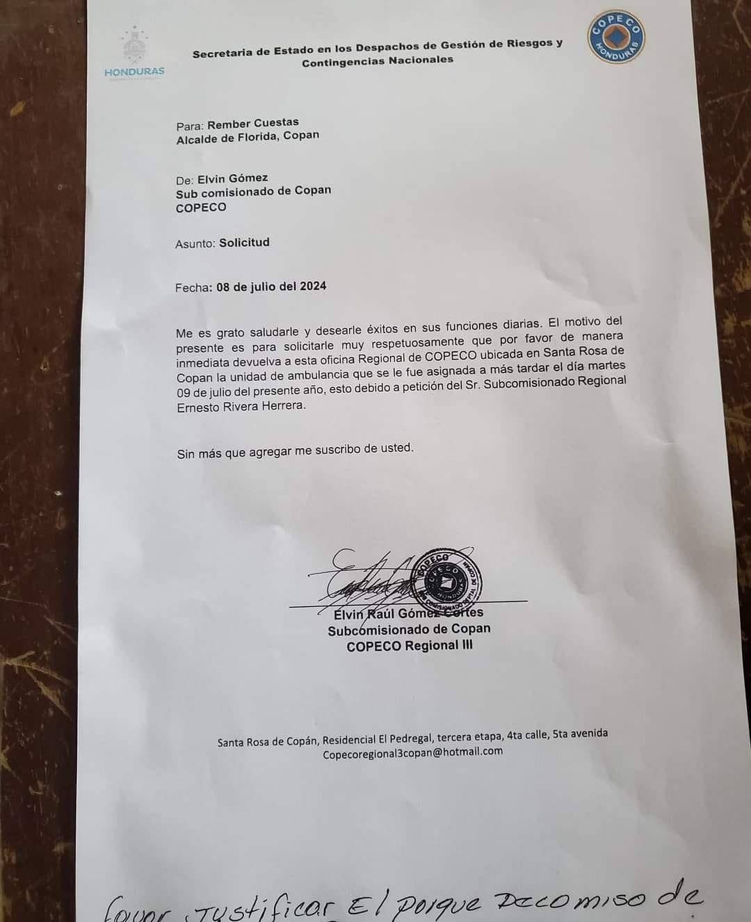 Documento enviado por Copeco al alcalde de Florida, Copán.