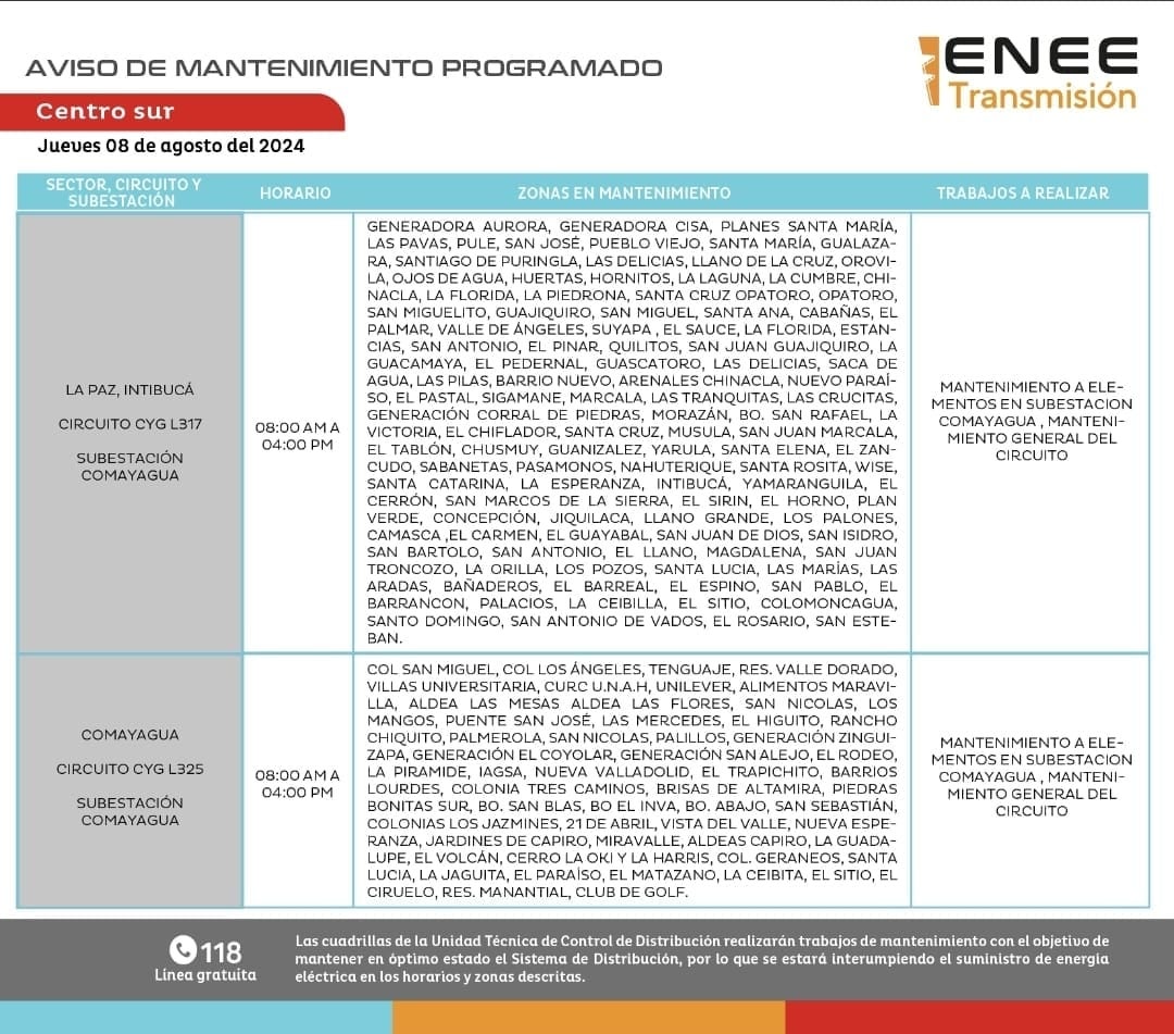 Anuncian cortes de energía en La Paz, Intibucá, FM y Atlántida