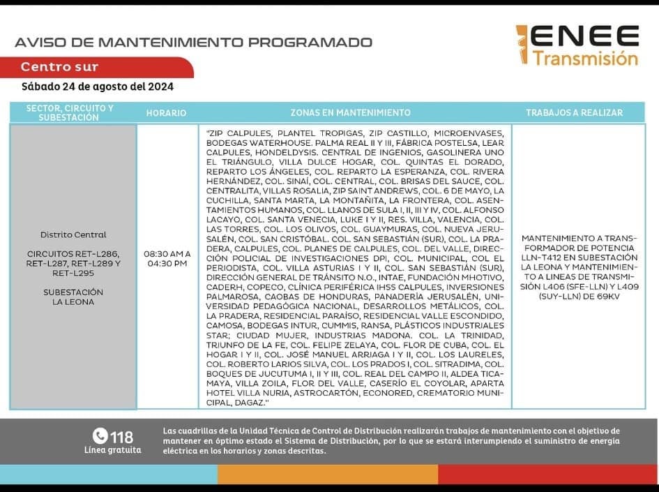 Cortes de energía sábado 24 agosto 2024