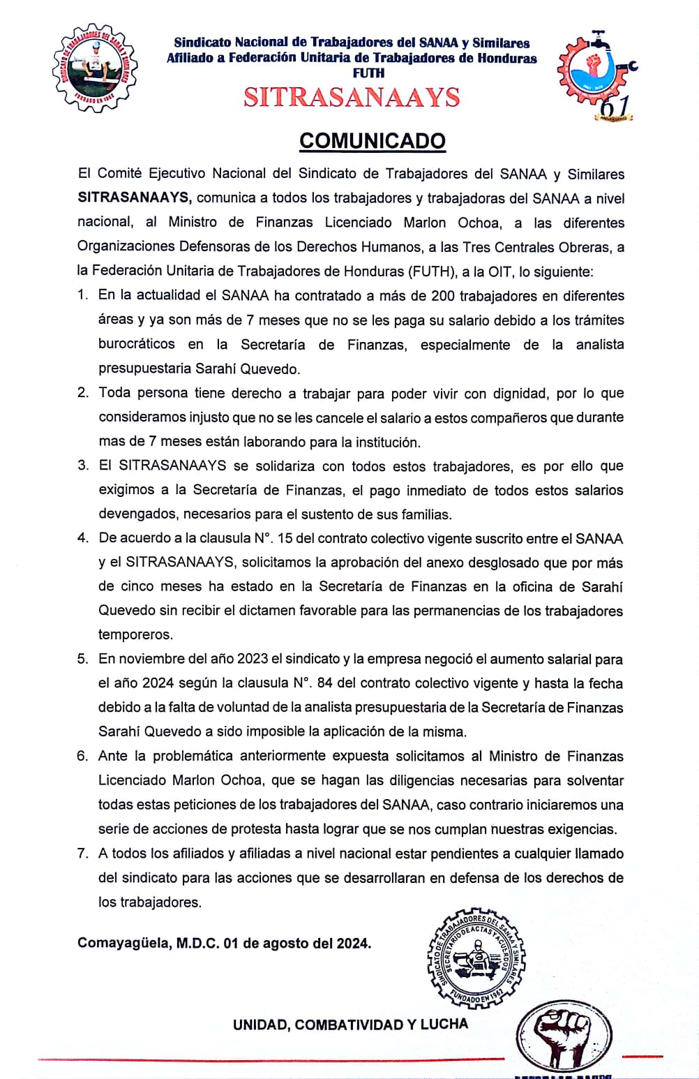 Advierten con iniciar protestas por incumplimiento de pago a empleados del SANAA