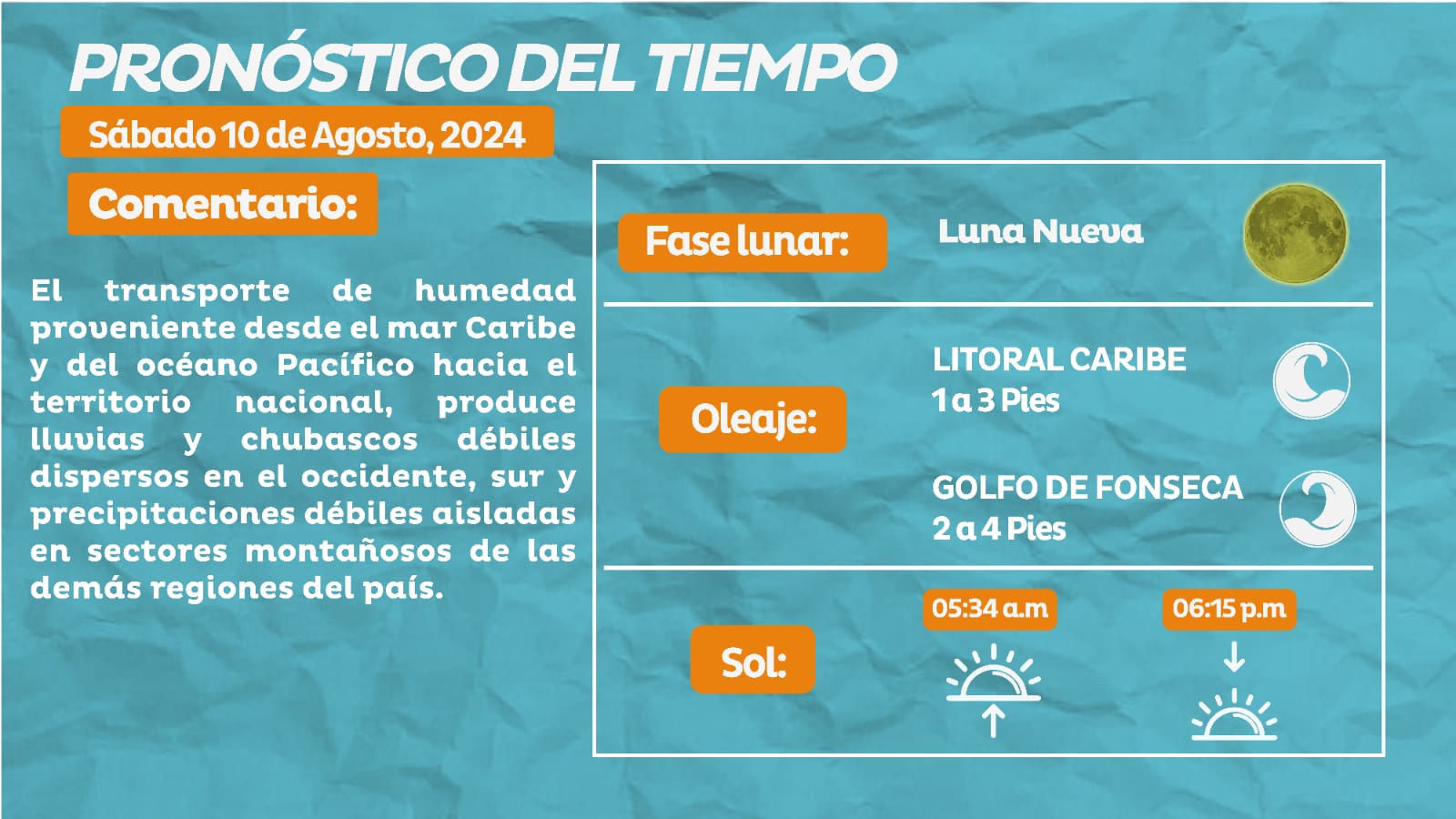 Este sábado se esperan lluvias y chubascos leves en el occidente y sur del país