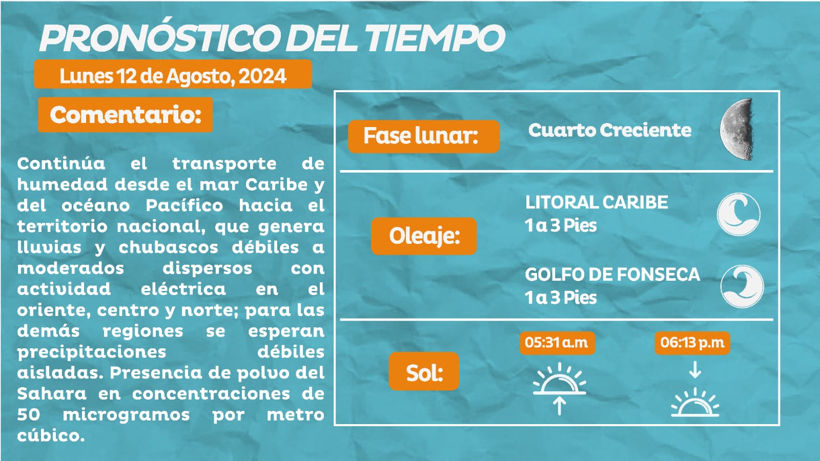 Transporte de humedad generará lluvias y chubascos débiles en el país