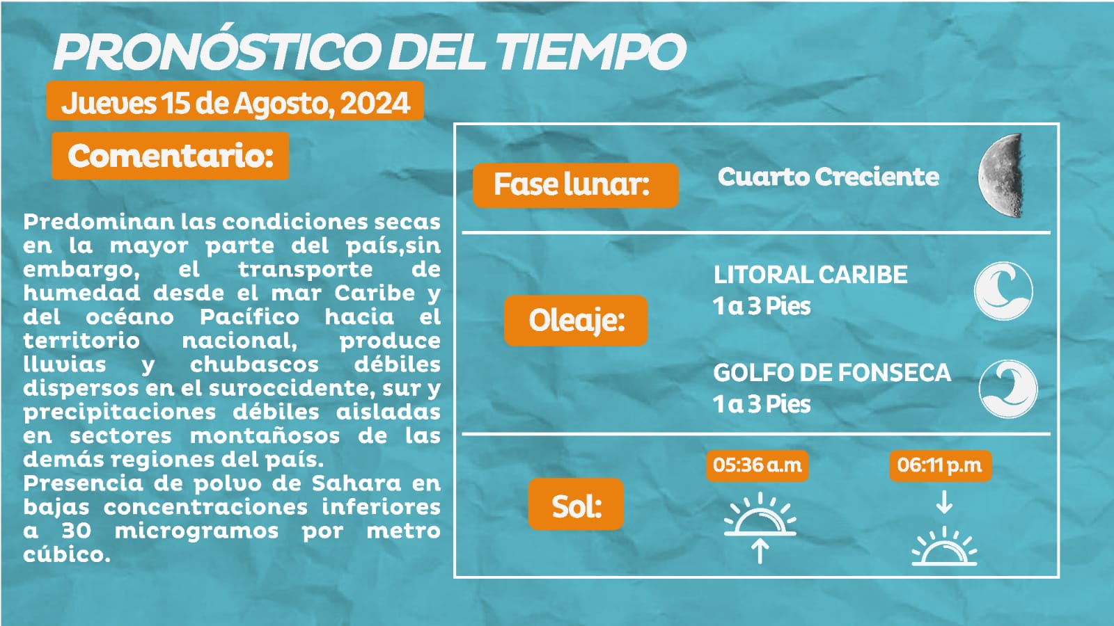 Anuncian lluvias y chubascos débiles en zona sur y suroccidente