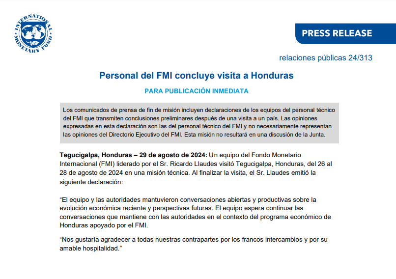 Misión del FMI concluye visita de tres días en Honduras