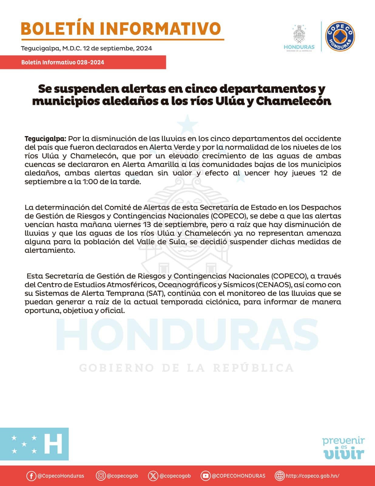 Copeco suspende las alertas vigentes en Honduras