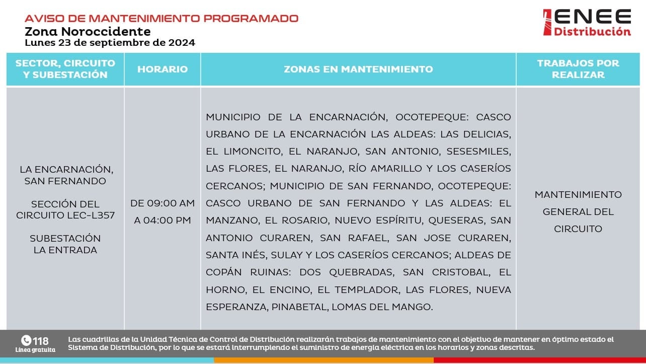 Estas son las zonas donde no habrá energía eléctrica este lunes 23 de septiembre 