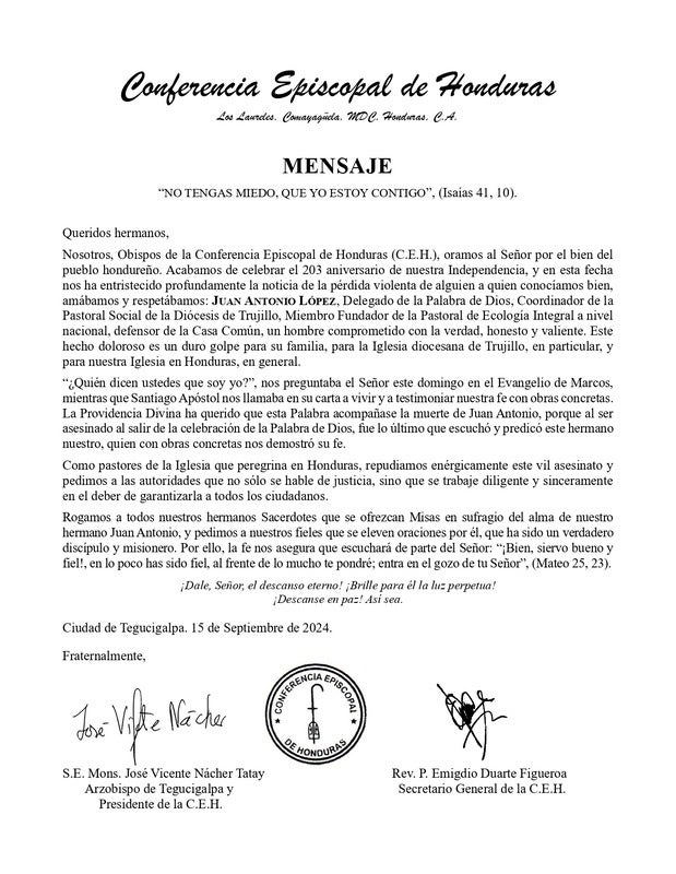 Comunicado de la Conferencia Episcopal de Honduras.