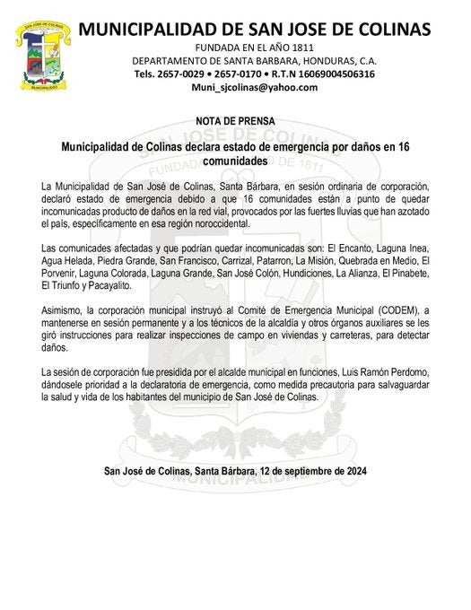Municipalidad de San José de Colinas, Santa Bárbara, declara estado de emergencia