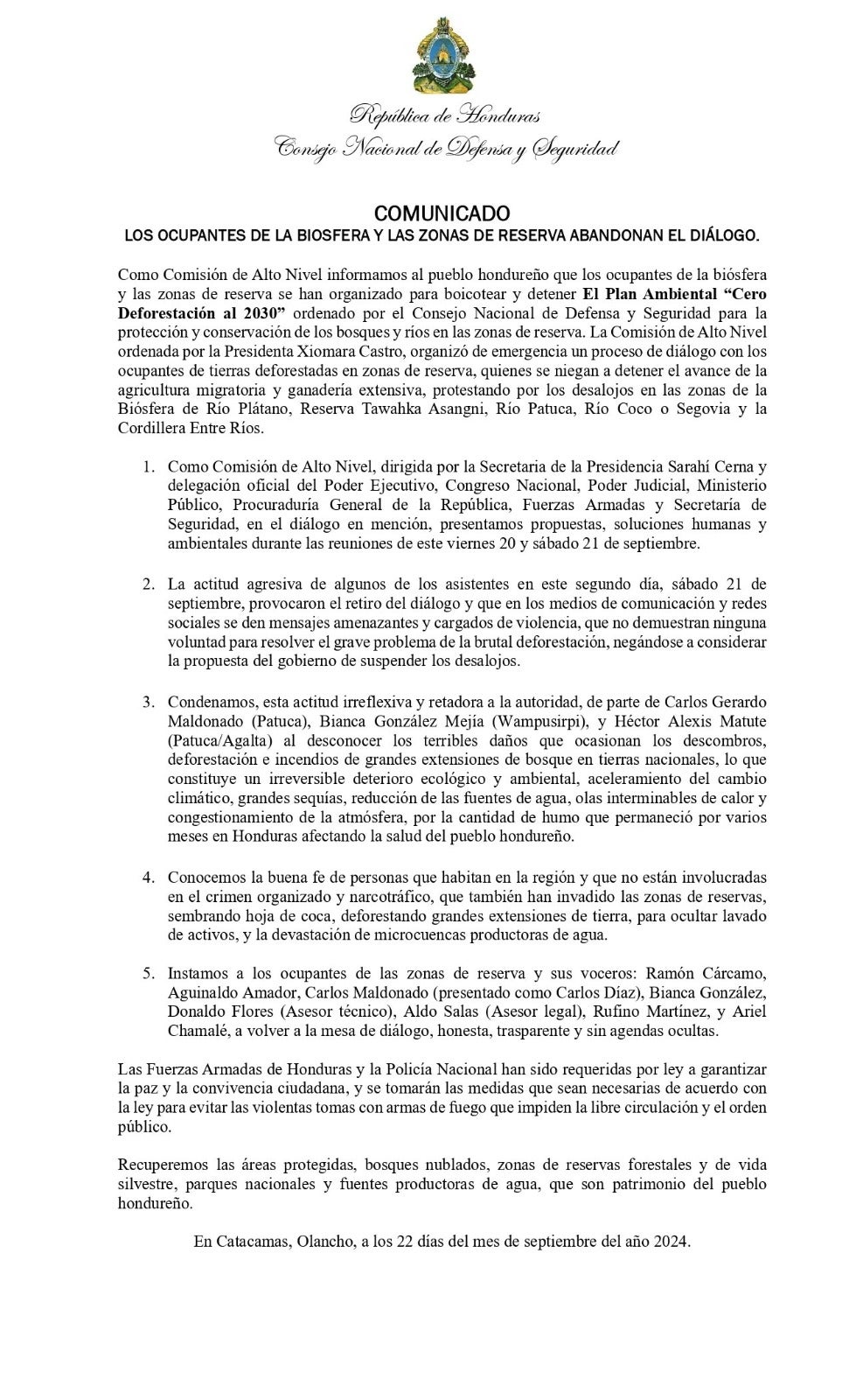 Comunicado del Gobierno de Honduras.