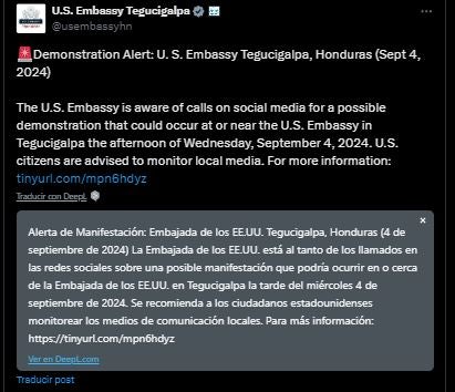 Embajada de USA en Honduras emite alerta ante posibles manifestaciones