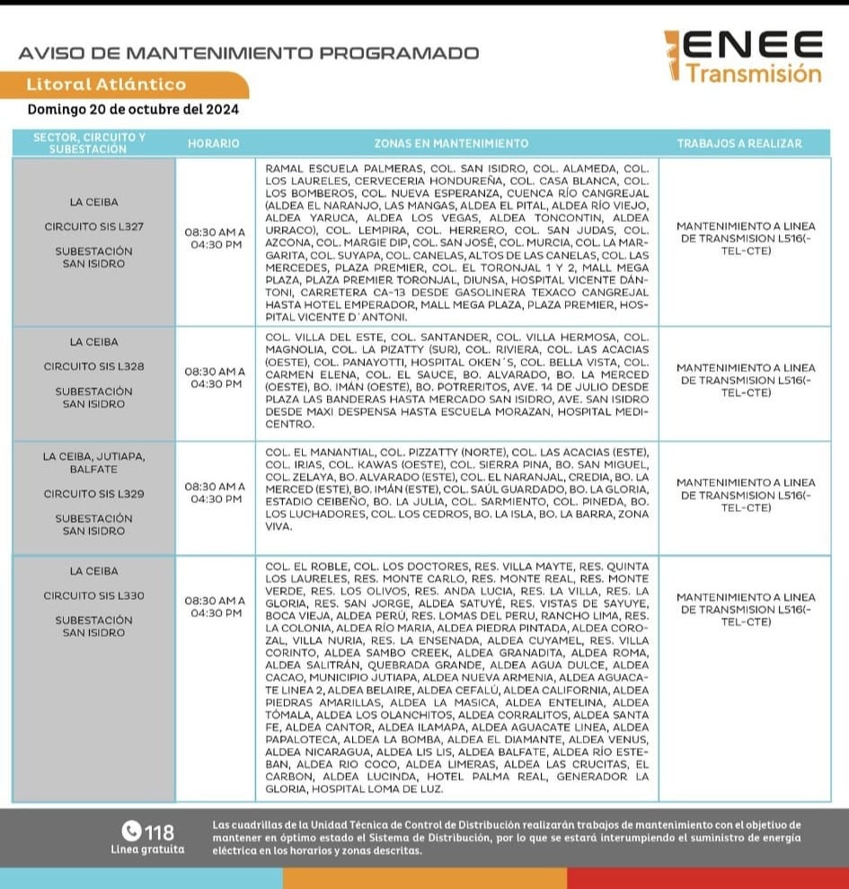 Anuncian cortes de energía en FM, Cortés y Yoro