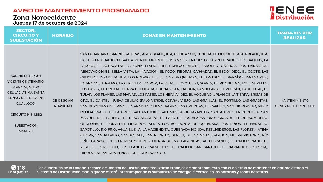 Anuncian cortes de energía en Cortés, Santa Bárbara y Yoro