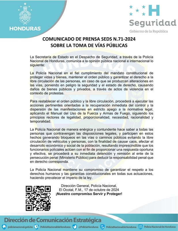 Comunicado de la Policía Nacional 