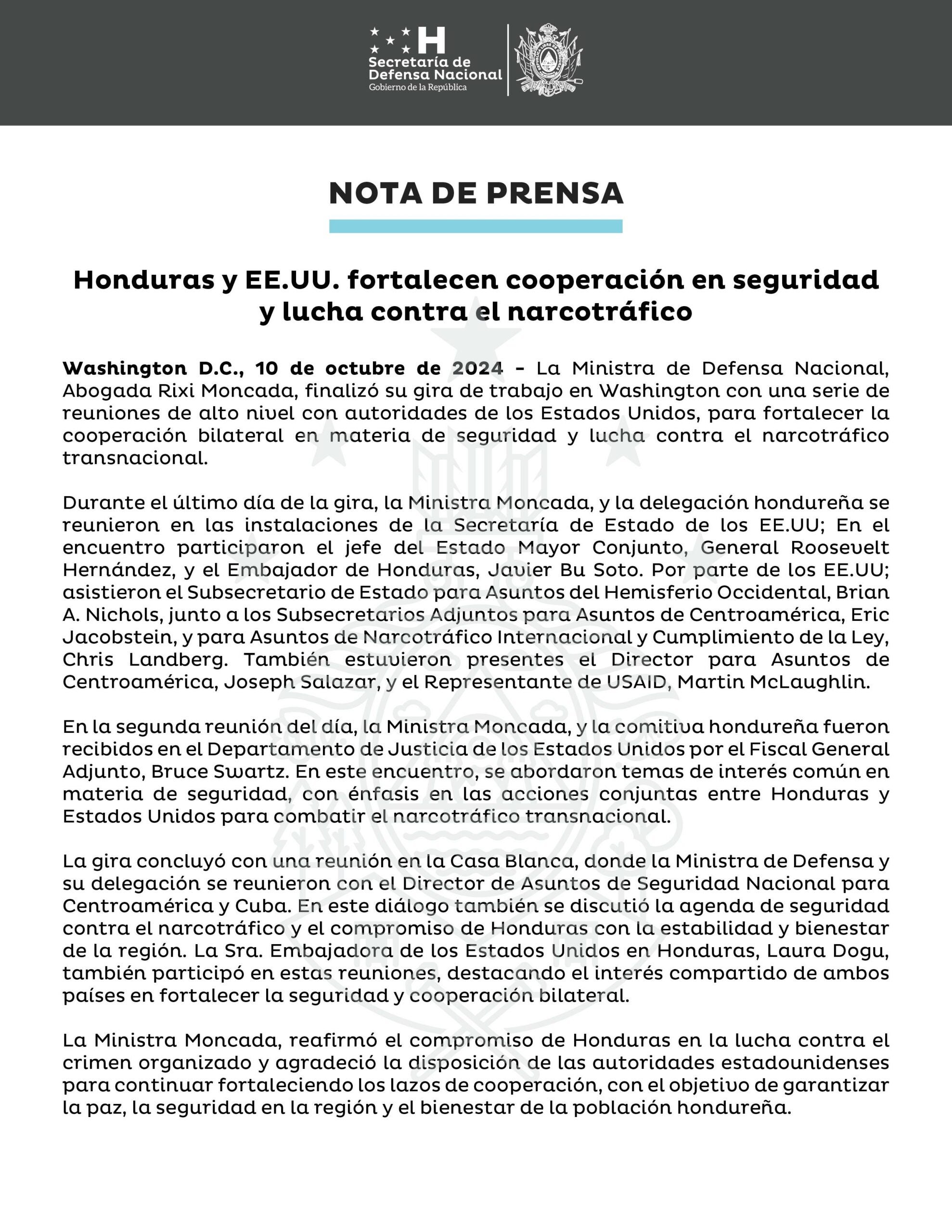 Honduras y USA fortalecen cooperación en seguridad y lucha contra el narcotráfico