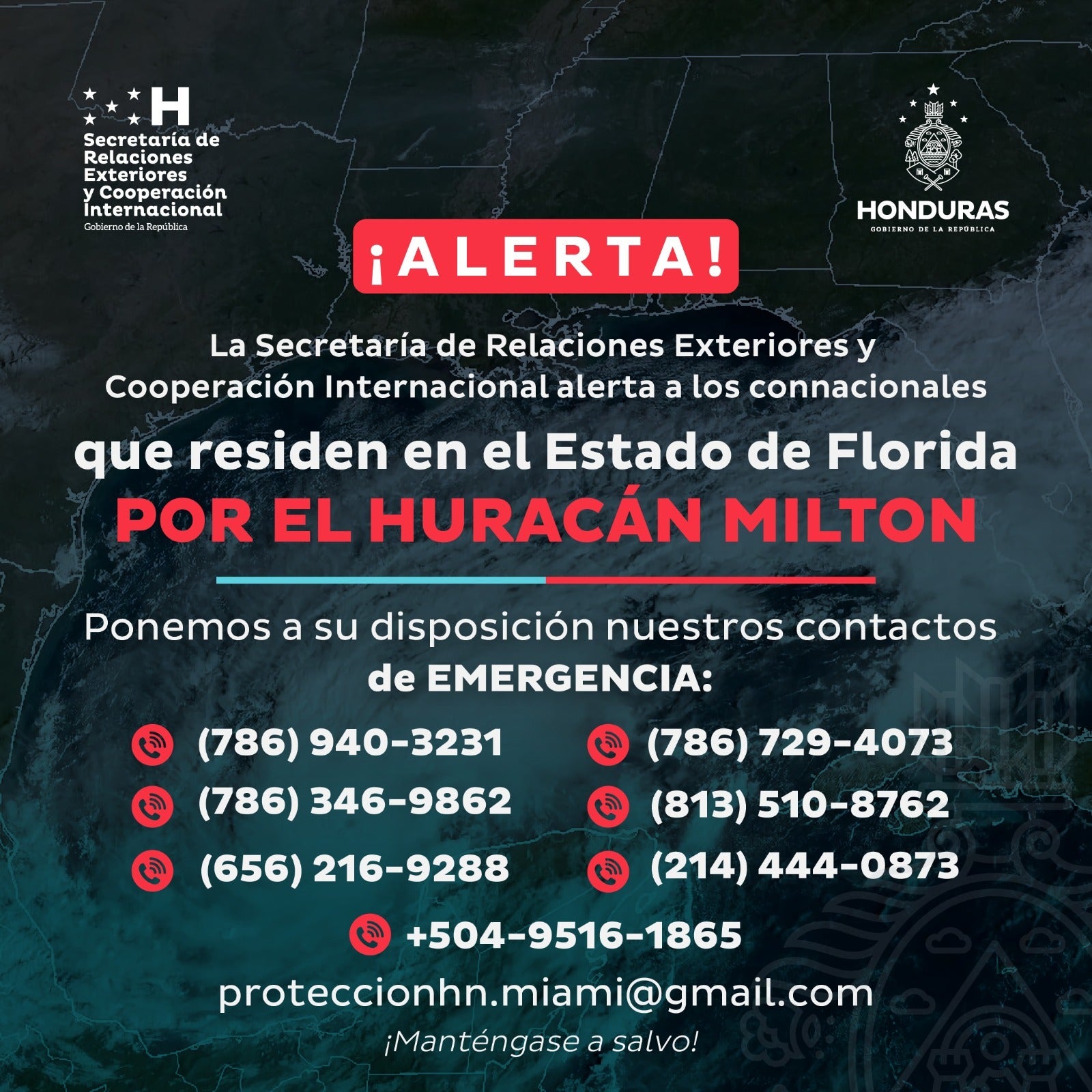 Cancillería alerta a hondureños radicados en Florida ante huracán Milton