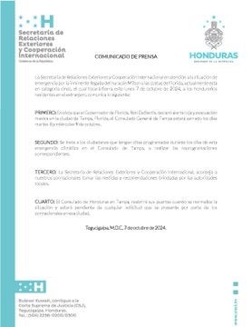 Cancillería alerta a hondureños radicados en Florida ante huracán Milton