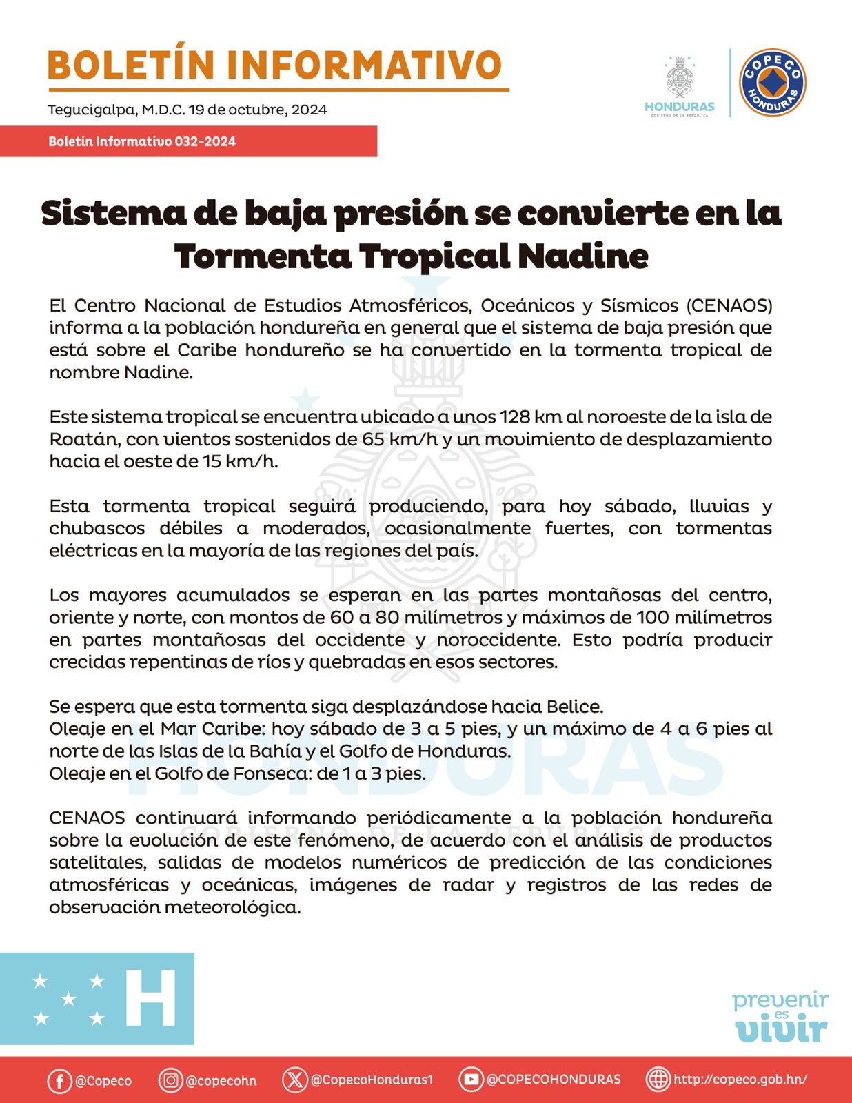 COPECO anuncia la formación de la tormenta tropical Nadine