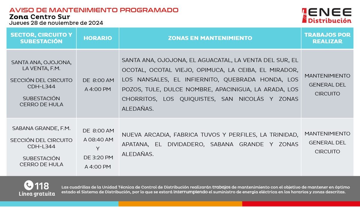 Anuncian cortes de energía para este jueves, 28 de noviembre