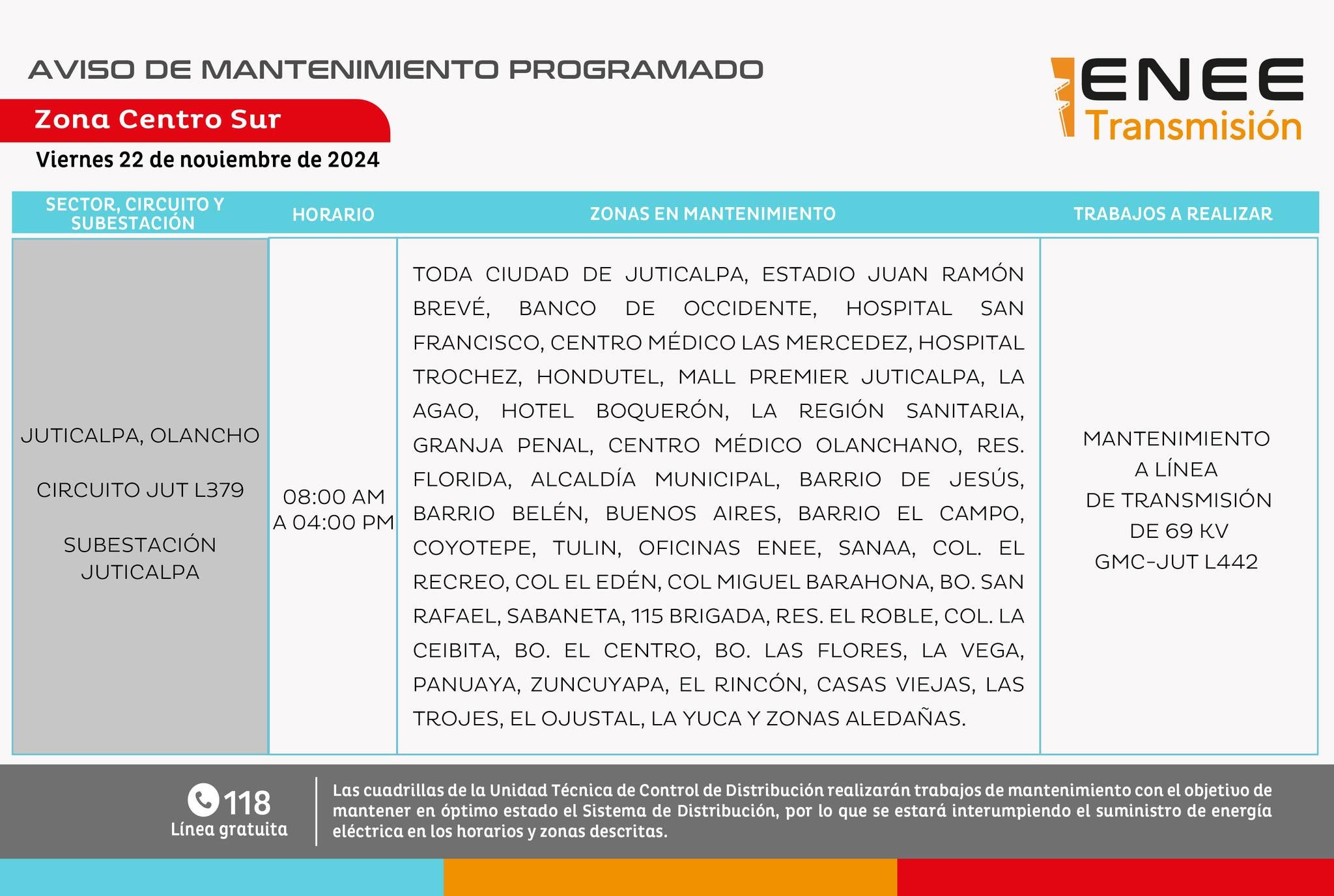 Anuncian cortes de energía en Olancho, Cortés y La Paz