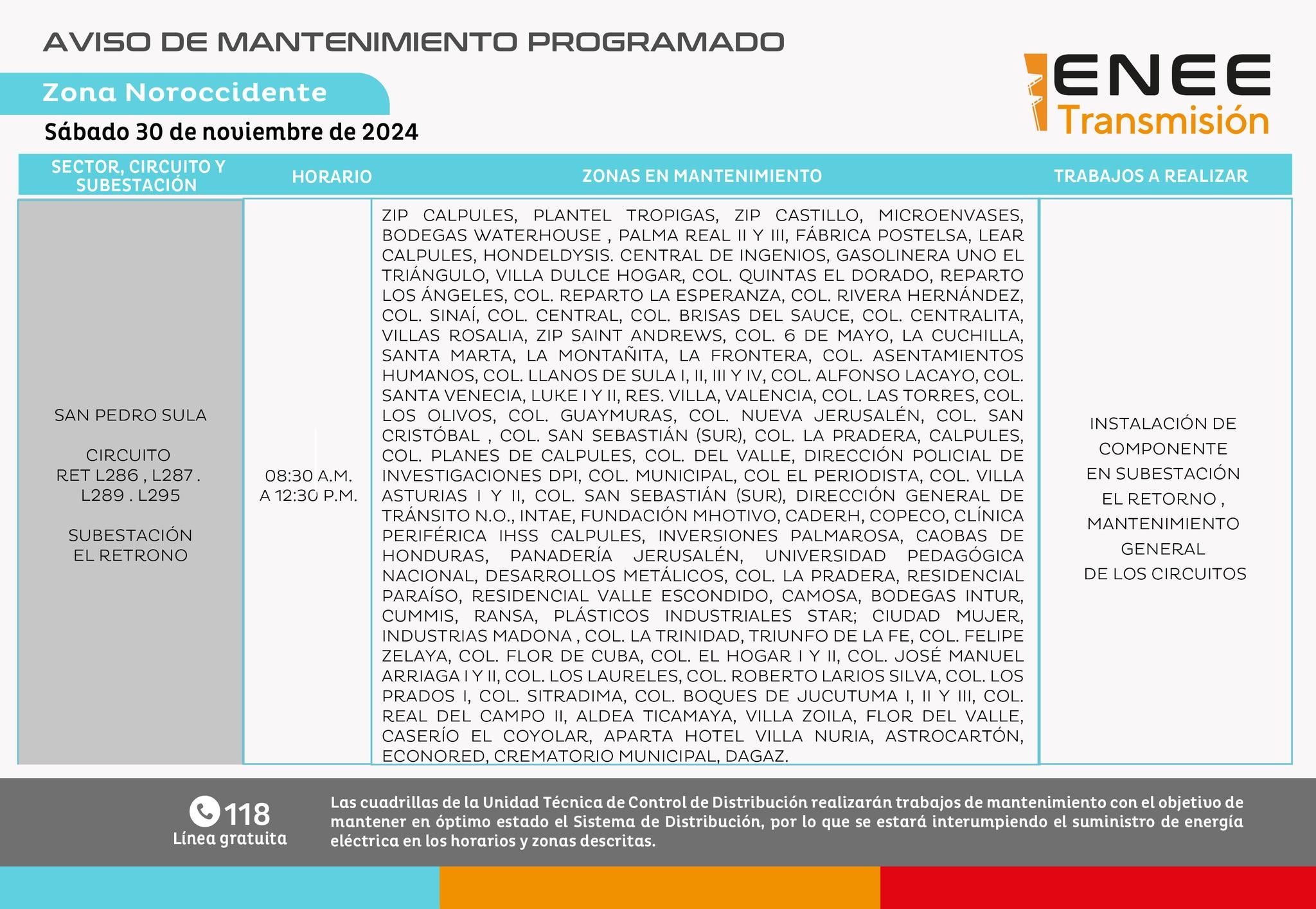 Anuncian cortes de energía para este sábado, 30 de noviembre