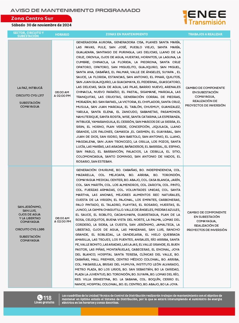 Anuncian cortes de energía para este sábado, 30 de noviembre